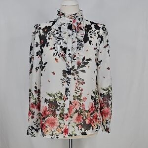 Ups & Downs Sheer Floral Ruffle Blouse Large
